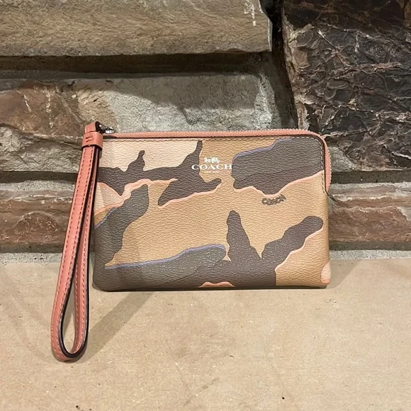 Coach Bags Coach Corner Zip Wristlet With Wild Camo Print